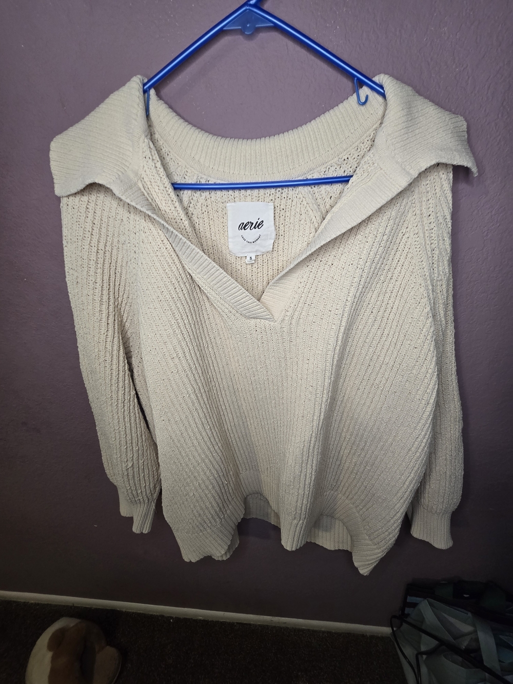 aerie Cream Ribbed V-Neck Sweater with Fold-Over Collar